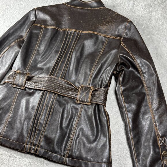 Dollhouse Distressed Moto Utility Belted Faux Leather Jacket Women’s M Brown - Picture 13 of 16